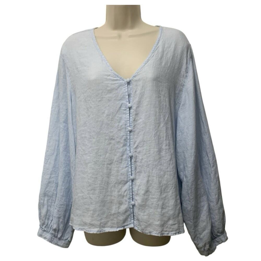 Laura Ashley 100% Linen Blouse L Sky Blue Button Front Coastal Cottagecore